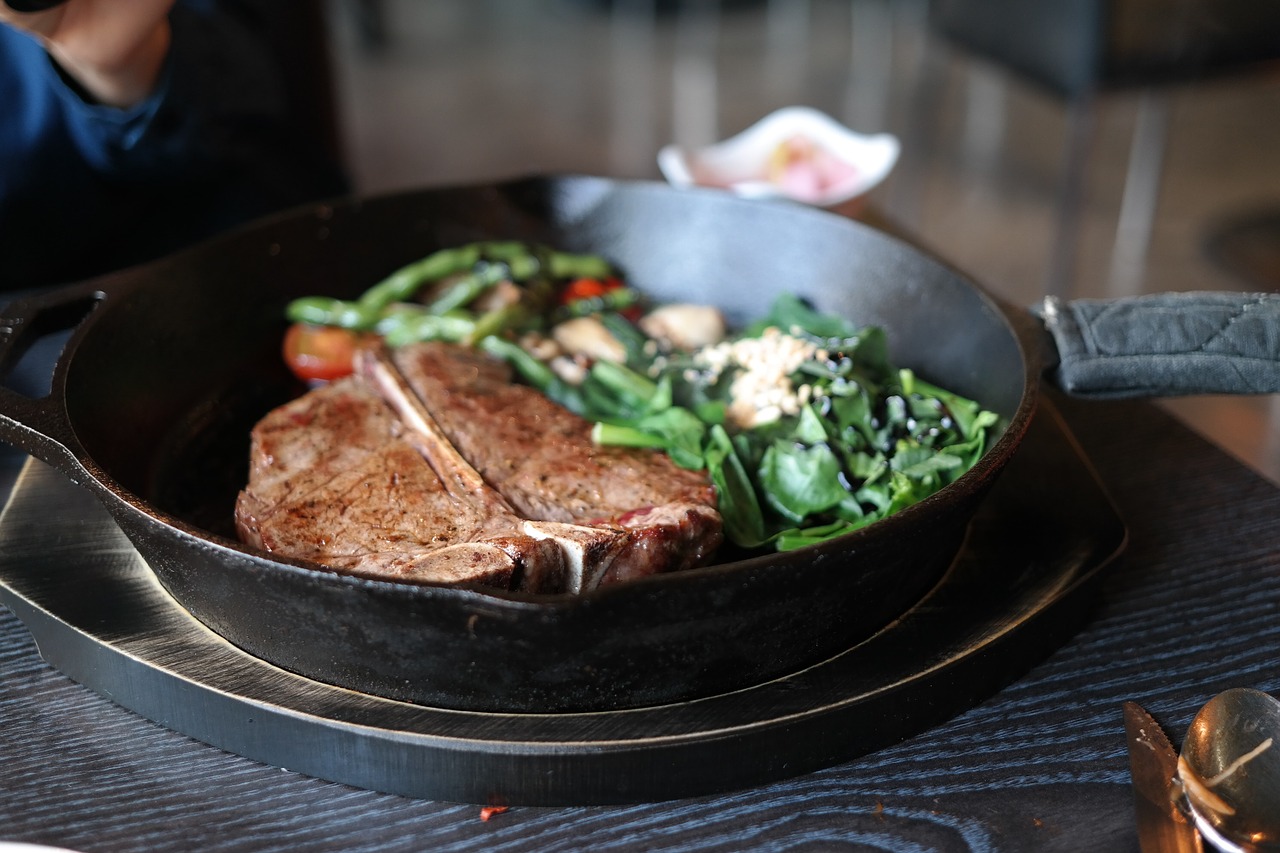 steak, t-bone steak, spinach